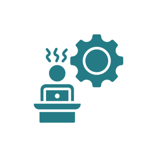 An icon showing a stressed person working on a laptop with a gear symbol.