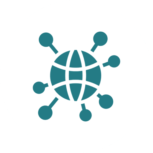 A globe with connecting nodes representing global network connectivity.