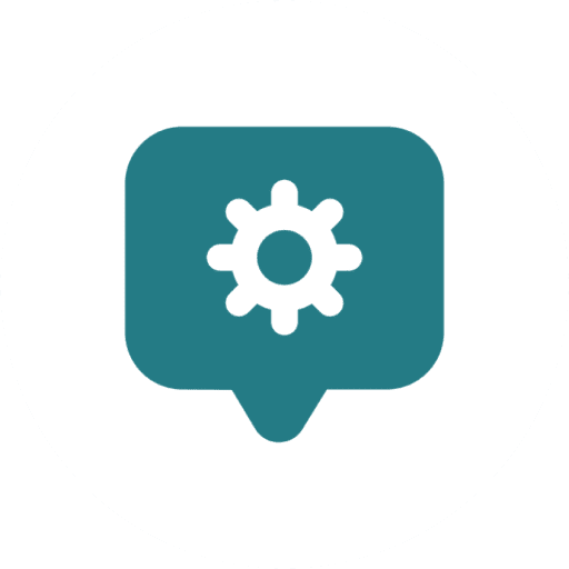A gear icon inside a teal speech bubble symbolizing settings or configuration.